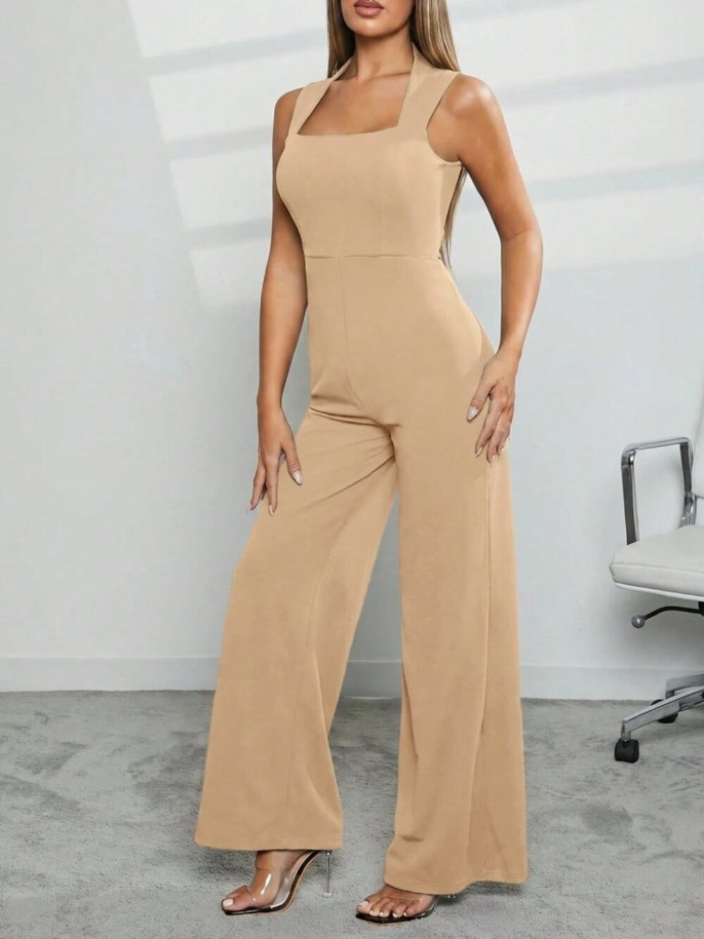 Tan Square Neck Wide Leg Knit Jumpsuit